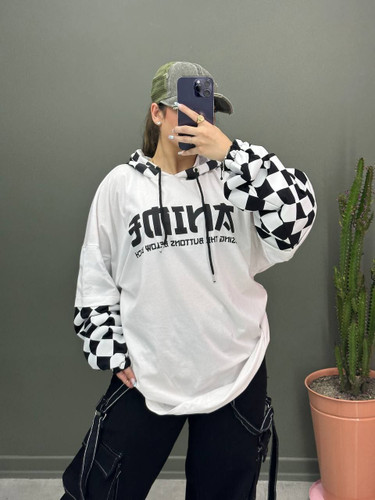 تیشرت لانگ کلاهدار شطرنجی سفید