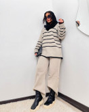 ست بلوز و شلوار بافت راه راه لش رنگ کرم خاکی