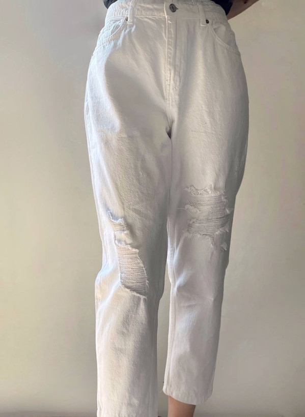 شلوار جین مام زاپدار سفید زنانه دخترانه عسل استایل