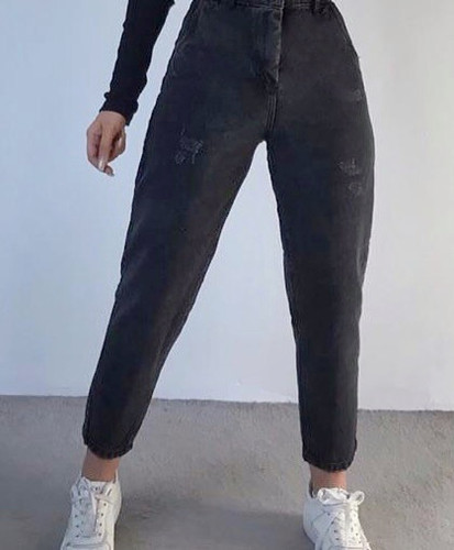 شلوار جین مام فیت ذغالی زنانه ارزان عسل استایل