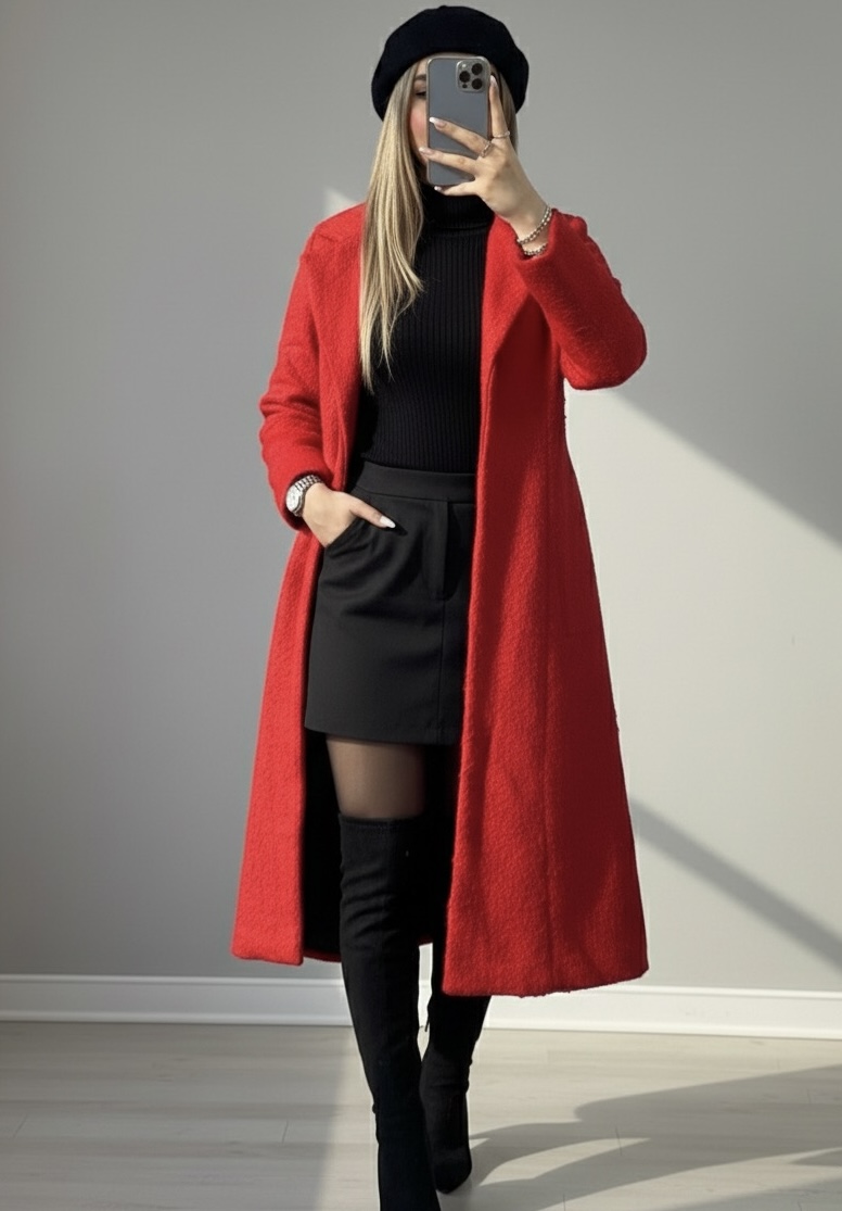 پالتو کلاسیک بلند زنانه - پالتو قرمز - عسل استایل