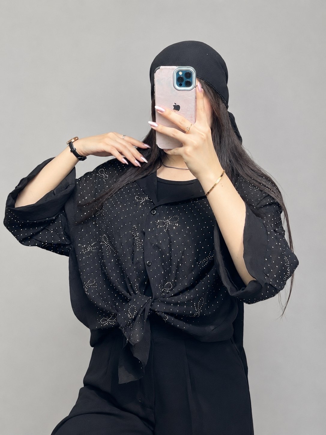 شومیز شیشه ای نگینی مشکی کد ۱۱۰۰